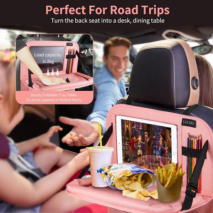 LUCMO Car Backseat Organizer with Foldable Tablet Holder, Pink | 2 Pcs,6 Storage Pockets,Foldable Food Tray,Protectors Kick Mats,Travel Accessories,Seat Cover,Road Trip Essentials