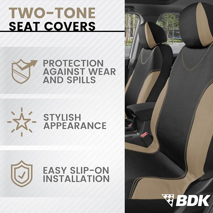 BDK UltraSleek Beige Seat Covers for Cars Full Set, Two-Tone Front Seat Covers with Matching Back Seat Cover, Stylish Car Seat Protectors with Split Bench Design,