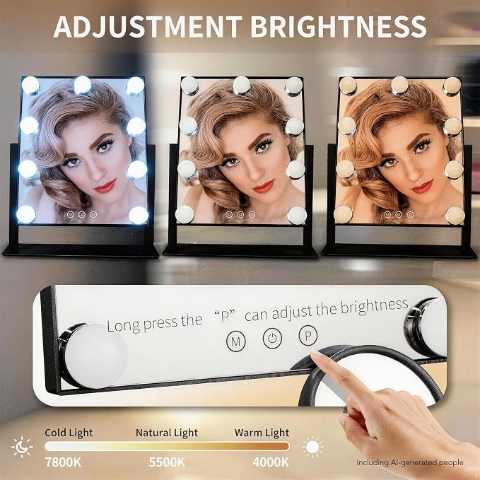 Makeup Vanity Mirror with LED Lights Makeup Mirror Detachable 10X Magnification, Hollywood Make Up Mirror with Lighting, Smart Touch, Rechargeable,360° Rotation, Black 13.77"x 11.81"