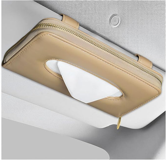 Car Tissue Holder, PU Leather Auto Sun Visor Tissue Case Napkin Holder with Zipper, Rectangular Mask Dispenser Hanging Paper Towel Organizer for Cars SUVs Trucks RVs (Beige)