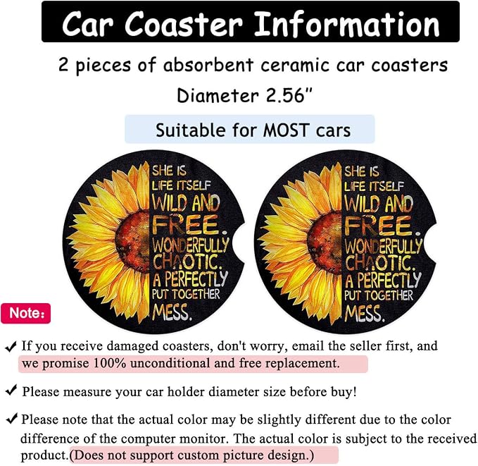 Car Coasters for Women 2 Pack, Ceramic Absorbent Cup Holders for Mother's Day, Keep The Car Clean and Dry, Auto Small 2.56" Coasters Set for Mum (Half Sunflower)