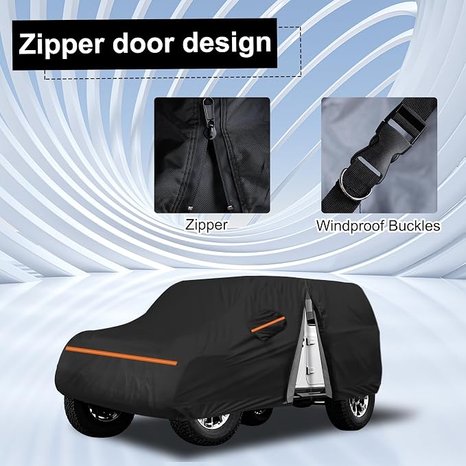 Amooca Heavy-Duty Car Covers Custom Fit for Jeep Wrangler 4 Door 2007-2024 Waterproof Sun-Proof All Weather for Automobiles Snow Cover 420D with Door Zipper Cotton Lining