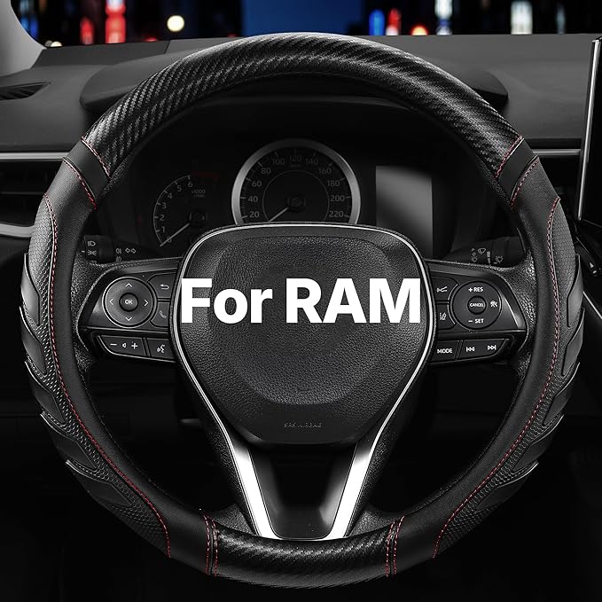 West Llama Customized Auto Car Steering Wheel Cover for Dodge RAM 1500 2500 3500, 15.5-16 inch(Black+Red-Large Size)