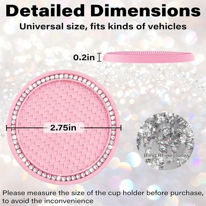 BFXM 4 PCS Bling Cup Holder Coasters for Car, 2.75 inch Diamond Universal Non-Slip Pink Silicone Cup Holder Coasters, Sparkly Bling Car Accessories for Women(White Diamond)