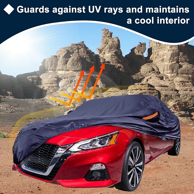Navy Blue Heavy Duty Waterproof Car Cover for Sedan 201"-207" - All-Weather UV Protected Outdoor Full Exterior Cover with Sun/Snow/Rain Resistance
