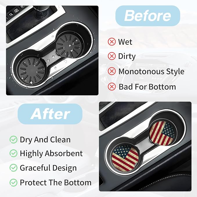 American Flag Car Coasters for Cup Holders,2 Pack Car Cup Holder Coasters for Car,Ceramic Absorbent Car Coaster with A Finger Notch and Cork Base,Car Interior Accessories for Women Men