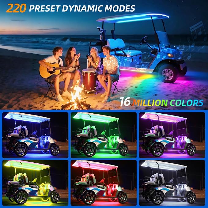DREAMOTOR 4PCS Golf Cart Underglow LED Light Strip Dream Color Neon Accent Lighting Kit APP/Remote Control Sound Active Music Sync Waterproof 12V-65V Input Compatible with EZGO Yamaha Club Car