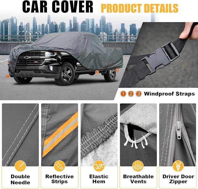GUNHYI 16 Layers Truck Cover Waterproof All Weater - See Vehicle Size Chart - Heavy Duty Outdoor Truck Pickup Cover for Chevrolet Colorado, Toyota Tacoma/Tundra etc. Length up to 215 inch.