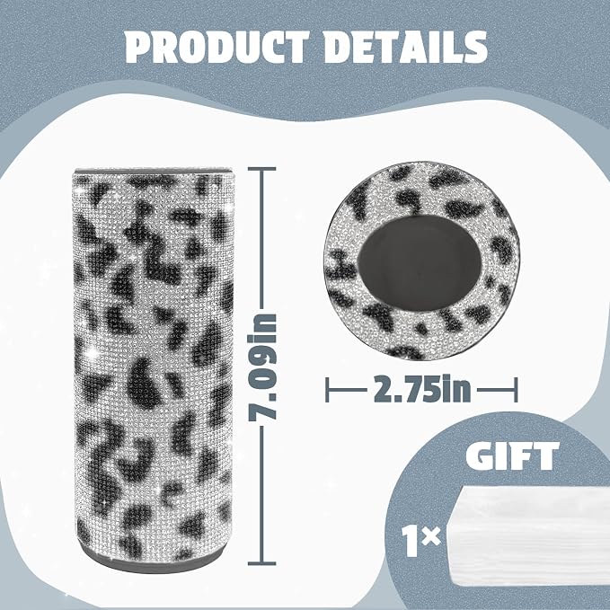Bling Car Tissue Holder for Cup Holder – Sparkly Rhinestone Round Tissue Dispenser with 1 Pack Tissues – Fits Standard Auto Cup Holders – Stylish Car Interior Accessory for Women (Cow)