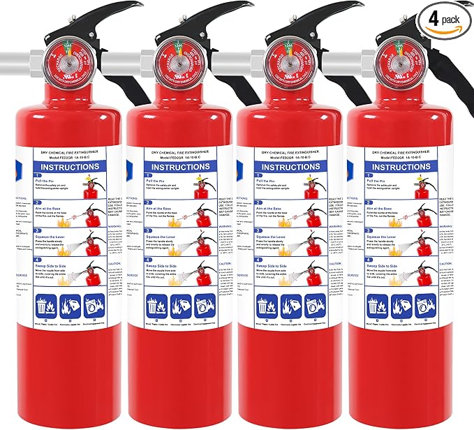 4 Pack ABC Dry Chemical Fire Extinguishers with Mount | 2.5 lb 1A:10B:C Rating for Home, Car, Boat, Quick Release Handle, Compact & Portable Dry Powder Extinguisher