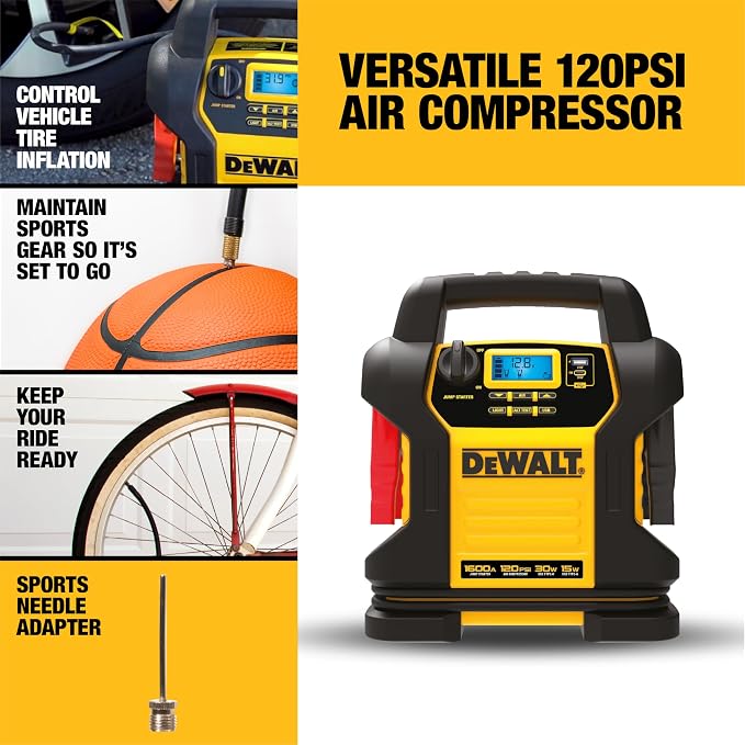 DEWALT Jump Starter DXAEJ14 1600 Amps with Compressor | Portable Power Station with 15W USB-A and 25W USB-C power