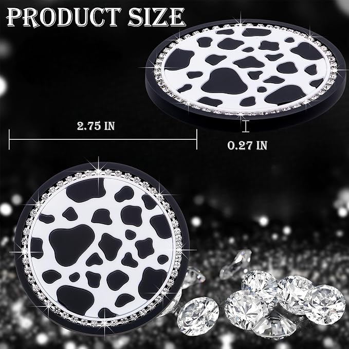 4PCS Bling Silicone Cup Holder Coaster – 2.75 Inch Universal Fit, Anti-Slip & Shockproof, Cute Car Accessories for Girls (Cow Print)