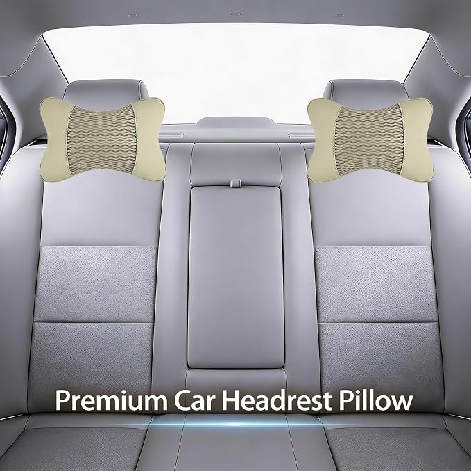 2 Pack Car Neck Pillow Soft Breathable Headrest Pillows for Driving Support, Universal Fit for Most Car Seats Decor Accessories（Off White）