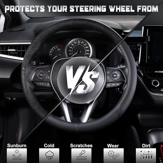 SEG Direct Steering Wheel Cover for 14.5-15 inch Wheels, Breathable PU Leather with Perforated Sides, Anti-Slip Grip, Universal Fit for Cars & SUVs, Black