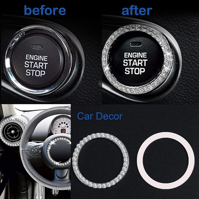 4Pcs Crystal Rhinestone Ring for Car Decor, Car Volume and Tune Knobs Ring Emblem Sticker,Auto Engine Start Stop Decoration Crystal Interior Ring Decal for Vehicle Ignition Button-Silvery