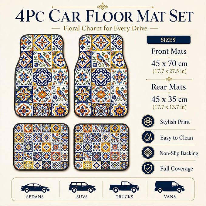 Tile Car Floor Mats Set of 4 Blue Bird Floral Pattern Car Accessories Foot Mats Rugs, Non-Slip,Decor for Universal Fit for Suvs Sedans Trucks Cars Auto Floor Carpets Rugs All-Weather