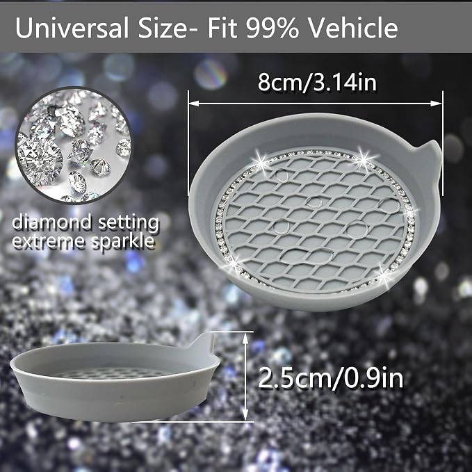 NBTEPEM 4PCS Bling Car Coasters, Non-Slip Insert Water Bottle Holder Pads, Bling Crystal Rhinestone Dustproof Automotive Interior Accessories, Universal for Vehicles, Trucks, RVs (4 pcs, Gray)