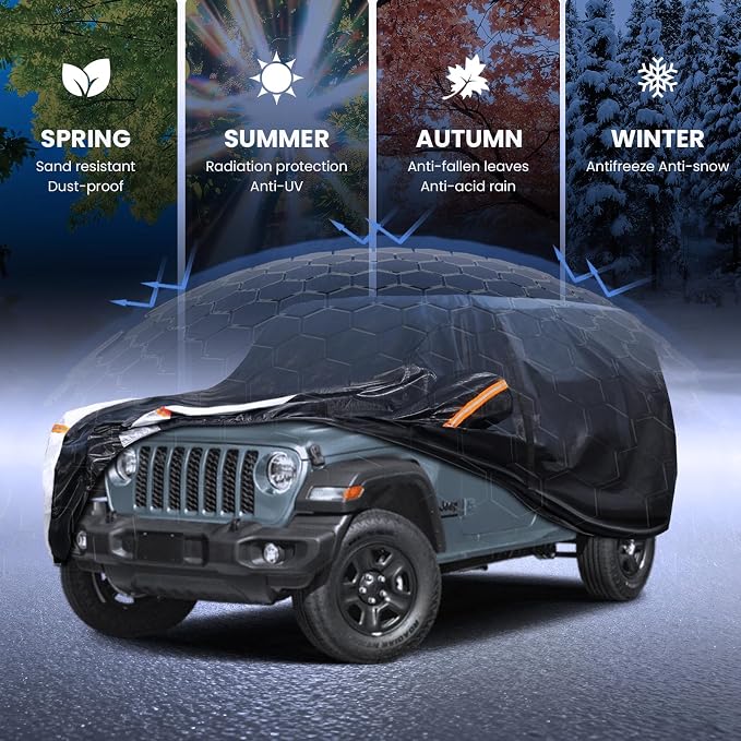 Multi-Layer Car Cover Custom Fit for Jeep wrangler 4 Dr/Unlimited 4 Dr JK JL(1987-2026), 100% Waterproof All Weather for Automobiles, Gift with Towel, Heavy Duty Car Covers for Rain Sun UV Protection.