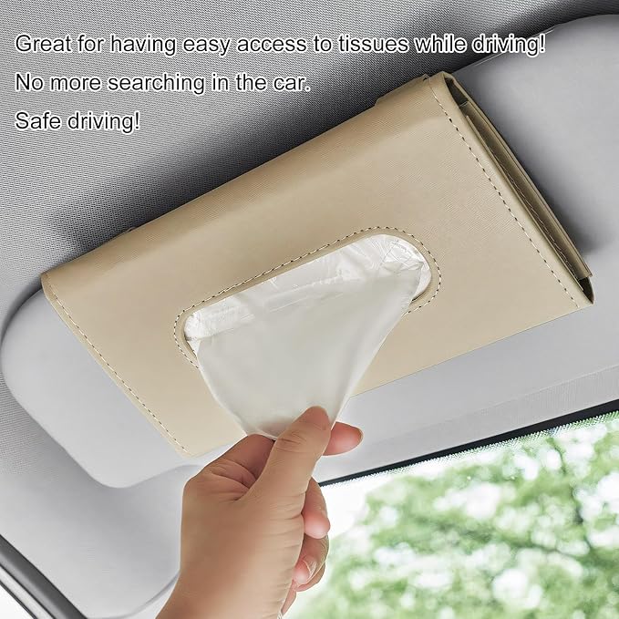 Car Visor Tissue Holder, Leather Auto Paper Towel Case Sun Visor Napkin Dispenser with 1 Pack Tissues, Rectangular Backseat Paper Towel Storage Holder for Most Vehicles (Beige)