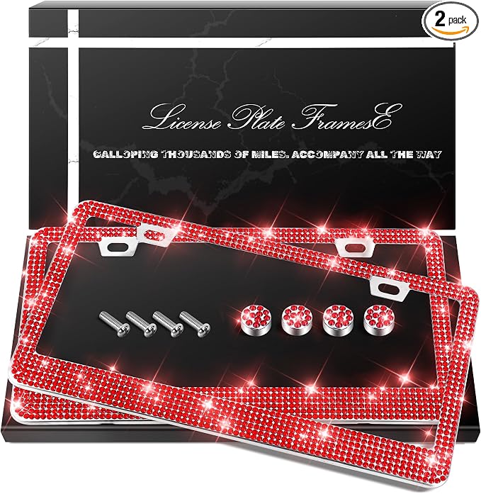 QUANQIUFEI 2 Pack Bling License Plate Frames, Sparkly Rhinestone Diamond Car License Plate Cover for Women, Stainless Steel Car Accessories with Glitter Crystal Caps (Light Siam)