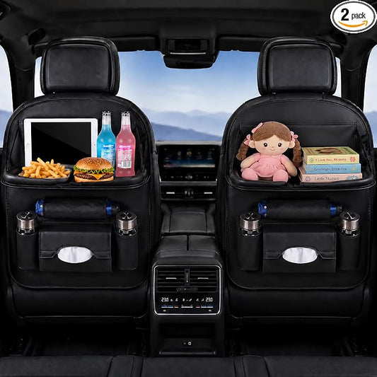 2 Pack Leather Look Car Backseat Organizer with Tablet Holder, Foldable Tray, 8 Storage Pockets, Cup Holder, Tissue and Umbrella Slots, Seat Back Protector Kick Mat for Cars SUVs Trucks
