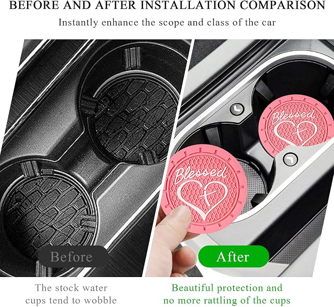 KVAEY 2 PCS Car Cup Holder Coasters, 2.76 Inch Anti Slip Vehicle Drink Mats with Cute Blessed Cross and Heart, Shockproof, Universal Car Accessories (Pink, 2 PCS)
