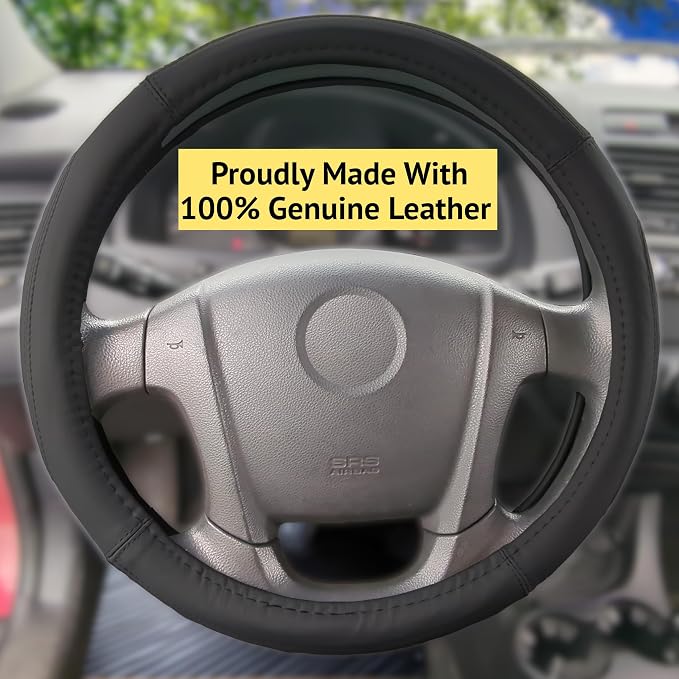 Steering Wheel Cover, Black, Real Genuine Leather, 15 inch, for Men and Women, Universal, Stretch On, Heat Resistant, Stays Cool, Non-Slip, HANWOLF