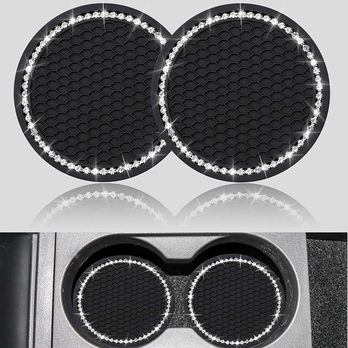 yousheng 2PCS Bling Car Cup Coaster, Universal Vehicle Bling Holder Insert,2.75 inch Rhinestone Anti Slip Silicone Insert,Suitable for Most Car Interior,Best Gift Car Bling for Women, Black, 2 Pack