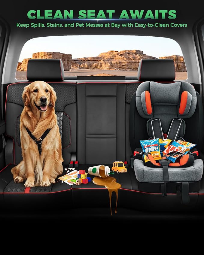 for Chevy Silverado & GMC Sierra Leather Seat Covers Crew Cab 1500 2014-2018, 2500HD 3500HD 2015-2019, Custom Seat Cover Full Set, Pickup Protectors Accessories, Black Red(W/O Rear Cupholder)
