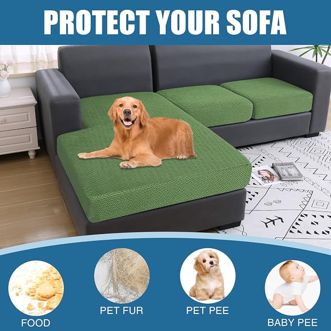 Smiry Waterproof Couch Cushion Covers, Stretch Jacquard Sectional Couch Covers, L Shape Chaise Lounge Sofa Slipcover, Washable Elastic Furniture Protector for Pets, Kid (Chaise Cover, Grass Green)