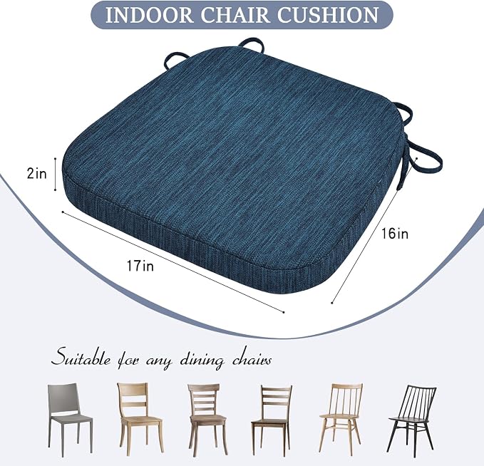baibu Kitchen Chair Cushions, Dual-Layer Patented Design Molded Memory Foam Dining Chair Pads with Ties and Washable Cover, 17" x 16" x 2", Blue