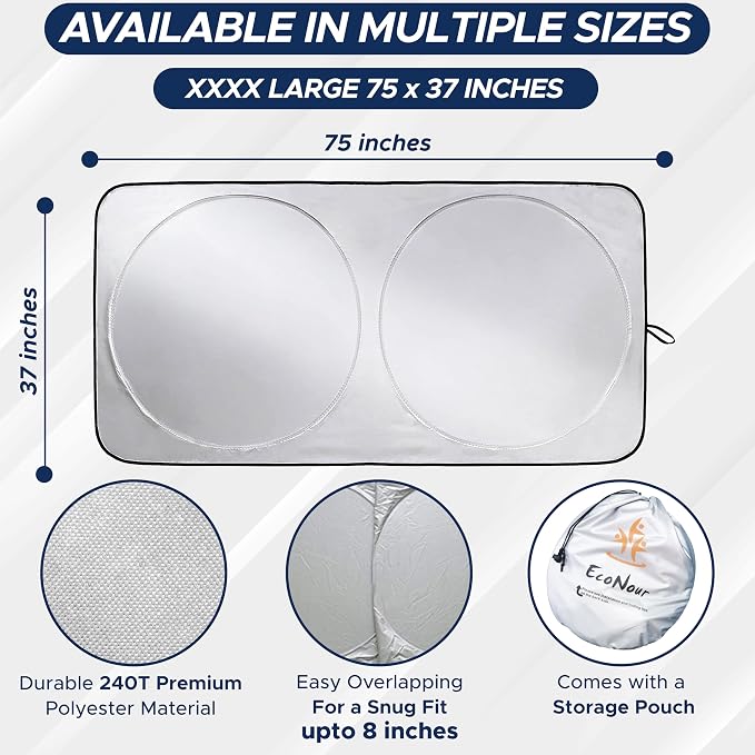 EcoNour Foldable Sunshade for Car Windshield | Dashboard Shield for Your Vehicle | Auto Window Shades for UV Rays and Sun Screen Protection | XXXX-Large (75 inches x 37 inches)
