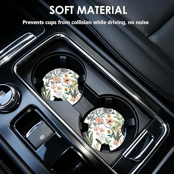 2 Pack Car Coasters，2.75-inch Neoprene Non-Slip Cup Holder Coasters for Car，Cute Car Interior Accessories for Men and Women，White Flower
