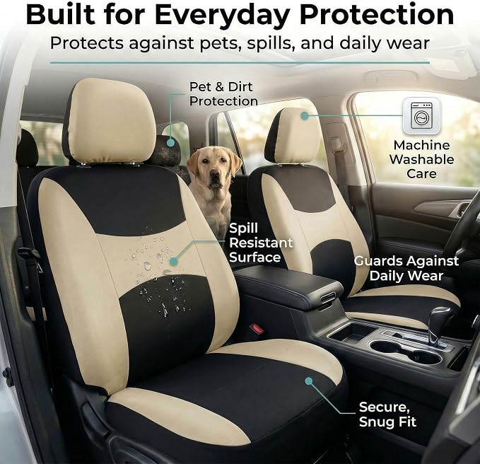FH Group Automotive Seat Covers Light & Breezy Flat Cloth Seat Cover Three Row Set Beige, Airbag and Split Rear Car Seat Cover Universal Fit Interior Accessories Cars Trucks SUV Car Accessories