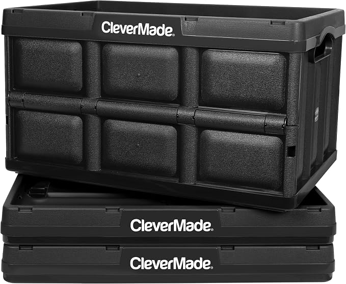 CleverMade Collapsible Plastic Storage Bins, 62L 3 Pack, Stacking, Obsidian | Built-in handles simplify garage, car and household organization, while the roomy open-top keeps bulky supplies accessible