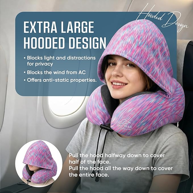 SkytraxComf® Travel Neck Pillow with Hood for Privacy on Long Flights | Memory Foam | Airplane Sleep | Safety-Tested Materials | Extra Large Hood | Chin Support | Earplugs | Washable Cover