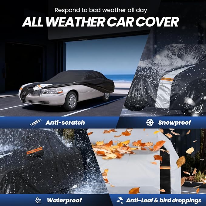 Multi-Layer Car Cover Custom Fit for Lincoln Town(1998-2011), 100% Waterproof All Weather for Automobiles, Gift with Towel, Heavy Duty Car Covers for Rain Sun UV Protection with Door Zipper.