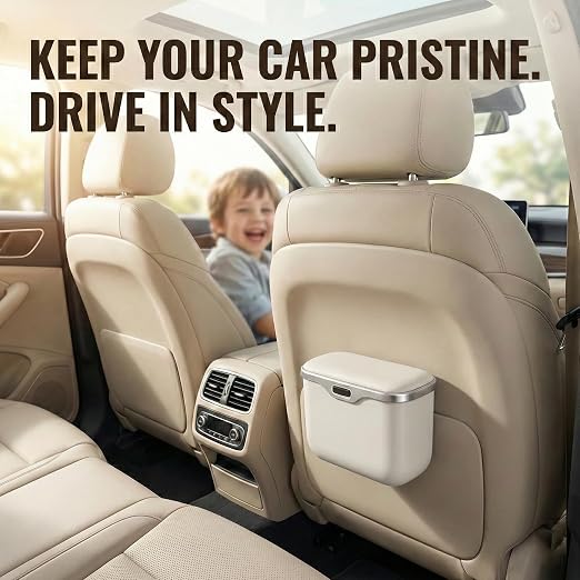 Hanging Car Trash Can, Leakproof Garbage Bin with Lid, White | ABS Construction, Clip-On Door/Back Seat Pocket Mount, Waterproof Liner, Push-Top Opening, For Suvs, Trucks, Sedans, Vans