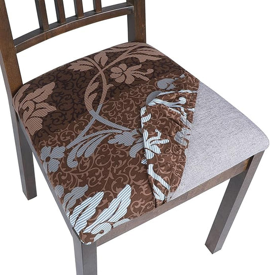 SearchI Seat Covers for Dining Room Chairs Stretch Printed Chair Seat Covers Set of 4, Removable Washable Upholstered Chair Seat Protector Cushion Slipcovers for Kitchen, Office(Brown+Flower)