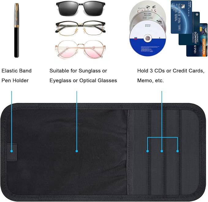 Wisdompro Car Sun Visor Storage Pouch, Sunglasses Bag & 3 CD Sleeves, Black | with Pen Holder and Elastic Strap, Auto Sunvisor Organizer Pocket for Glasses, Document, Card, DVD, Papers, Receipts