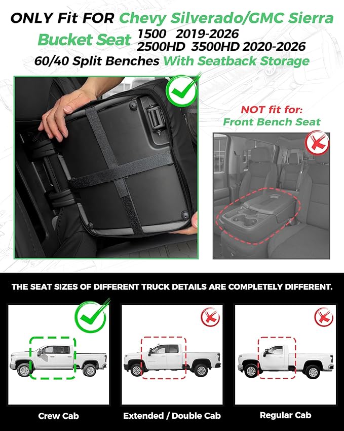 Custom Fit Seat Covers for 2019-2026 Sierra/Silverado 1500 CrewCab | Fits 2500/3500HD 2020-2026, with Rear Armrest/Seatback Storage, Faux leather, Waterproof, Scratch-resistant, Easy-clean