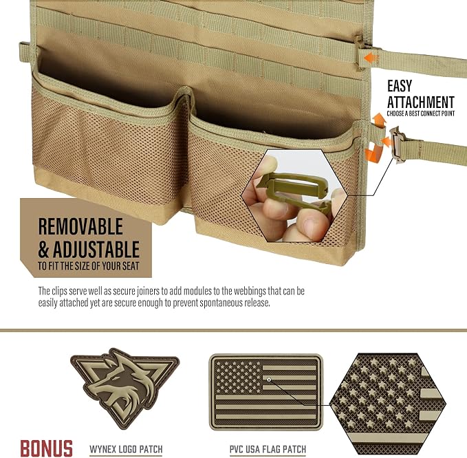 WYNEX Molle Seat Back Car Organizer Fit Most Car F150 Jeeps Pickups Trucks | 26.4x16.1" Backseat Storage Cover, Truck Seat Back Protector, Sling Rack, Visual Pocket & Wolf Patch for Road Trips