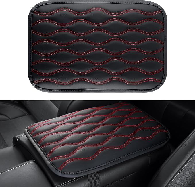 Amiss Car Center Console Cover, Upgraded Leather Car Armrest Cushion, Universal Waterproof Cushion Pad, Non-Slip Car Interior Accessories, Fits Most Sedans SUVs Trucks (Red Line)
