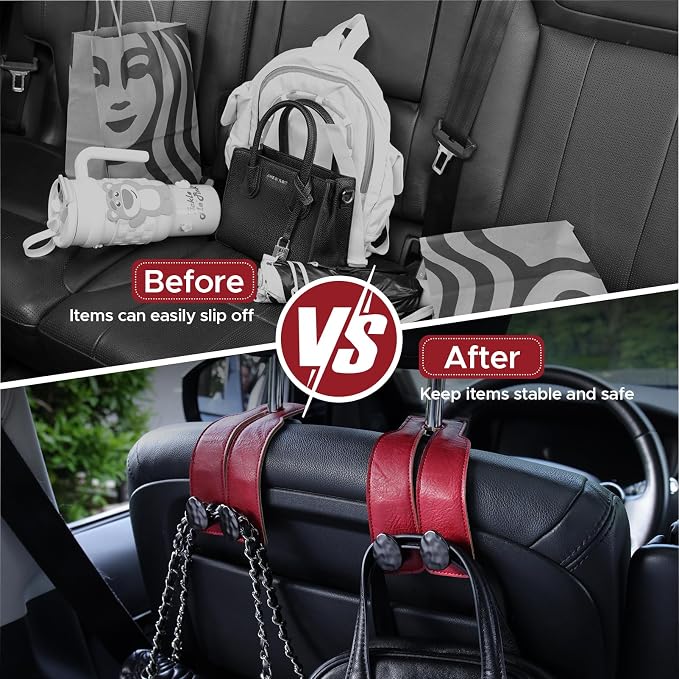 Leather Car Purse Hook for Headrest, 2 Pack (Red-Black) | Twin Hooks Headrest Hangers, 2/4 Pack, No-Slip, Scratch-Proof, Holds Purses, Backpacks, Grocery Bags, Car Organizer Gift