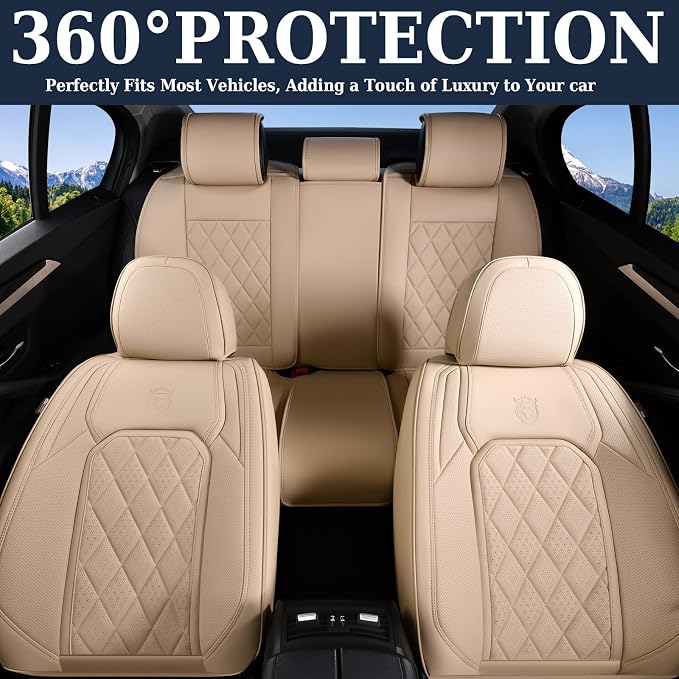 Coverado Car Seat Covers Full Set, 5 Seat Universal Seat Cover for Cars, Luxury Faux Leather Waterproof Seat Covers, Front and Back Car Seat Protector, Auto Seat Covers Fit for Most Vehicles, Beige