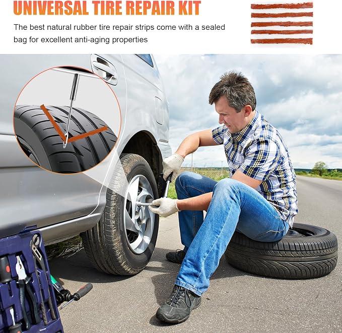 45 PCS Tire Repair Kit, Heavy Duty Car Emergency Flat Tire Repair Tools Fix Punctures, Universal Tyre Patch Kit for Cars Trucks Motorcycles ATVs Tractors, Car Accessories