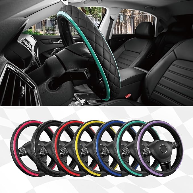 Road Comforts Leather Steering Wheel Cover – Black & Green Universal Fit 14.5-15 Inch, Microfiber Leather, Anti-Slip & Breathable Design for Men and Women