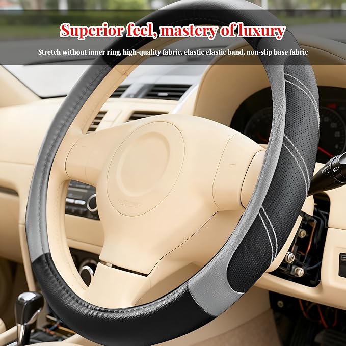 Car Steering Wheel Cover, 14.5-15" Non-Slip Soft Leather Breathable Sporty Steering Wheel Protector, Comfortable Automotive Interior Protection Accessory, Universal for Vehicles (Black/Gray)