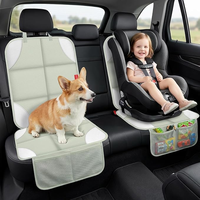 Car Seat Protector for Child Car Seat, 600D Fabric Safe Car Seat Cover with Upgraded Non-Slip Backing, Waterproof Seat Protector Under Baby Car Seat, 1PCS, Beige Grey