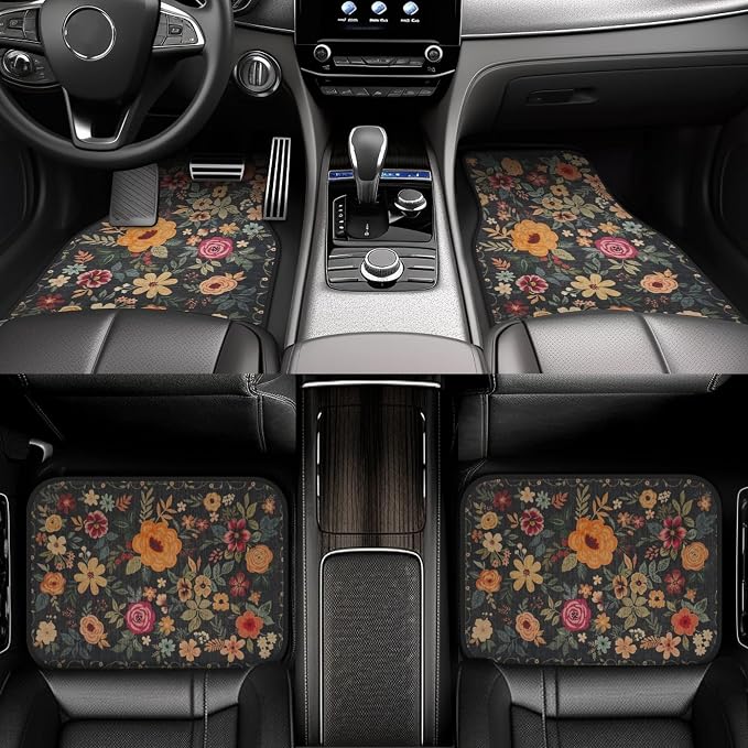 Premium Linen Boho Car Floor Mats Full Set, Vintage Floral Design | Waterproof & non-slip all-weather mats, universal fit for SUV Sedan, luxury car interior accessories for men and women